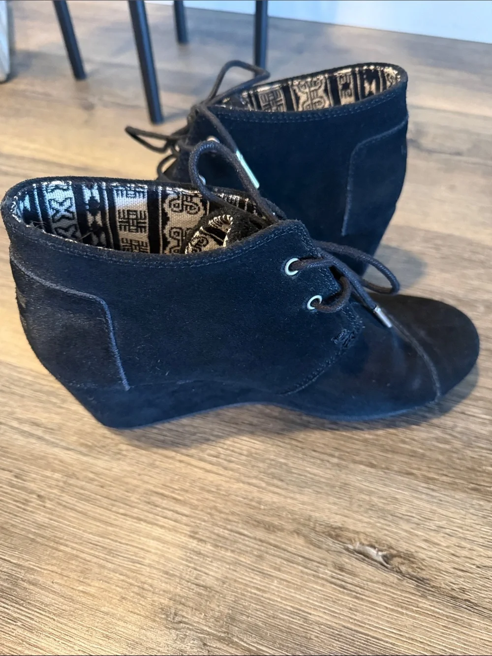 Toms Black Suede Wedge Lace-Up Ankle Booties
